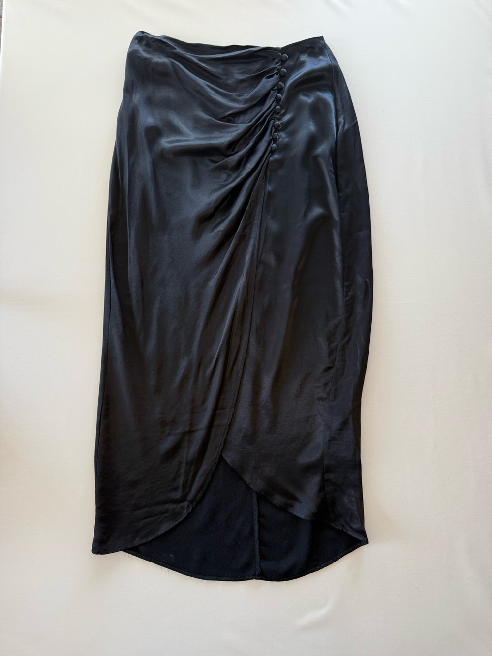 Zara Black Satin Ruched Wrap-Style Midi Skirt